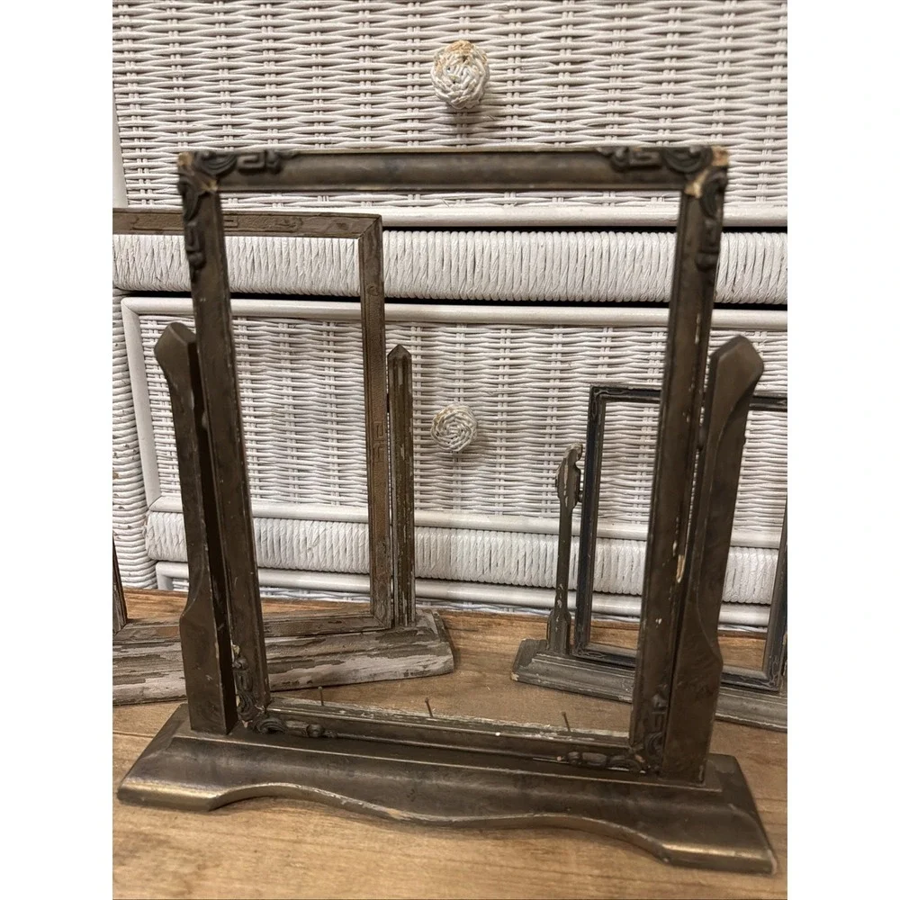 Vintage Antique Swivel Pedestal Picture Frame Set of 4 Distressed Metal Wood